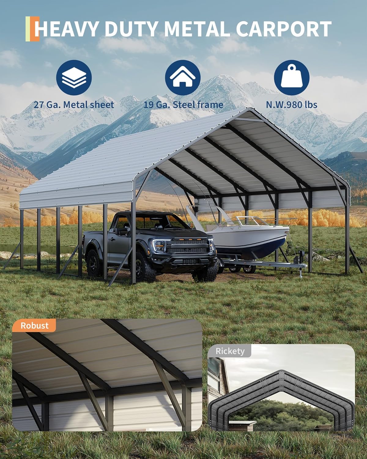 20'x25'x13' Metal Carport for 2 Cars, Heavy Duty Car Ports for Heavy Snow, Reinforced Frame, Tall Metal Car Ports for Bass Boats, Full-Sized Pickup Trucks, and Tractors, N.W. 980 Lbs