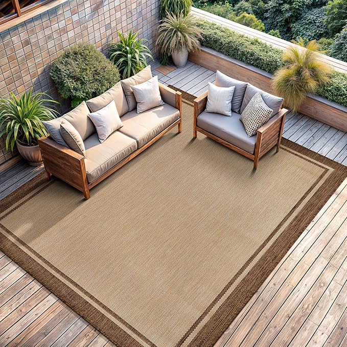 CAMILSON Outdoor Rug 8x10 Bordered Natural Brown Modern Area Rugs for Indoor and Outdoor Patios, Kitchen and Hallway Mats, Washable Porch Deck Outside Carpet (Border Jute, 8 x 10)