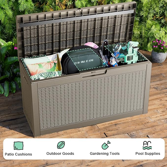 DRATO 60 Gallon Deck Box, Waterproof Resin Large Outdoor Storgae Box for Patio Furniture, Patio Cushions, Gardening Tools, Pool and Sports Supplies, Lockable