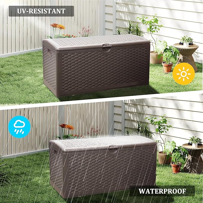 80 Gallon Pro Outdoor Storage Box Waterproof Lockable Resin Deck Box Large, Patio Storage Bin for Pool Accessories Cushion Furniture, Garden Tools, UV-Resistant Outside Delivery Brown