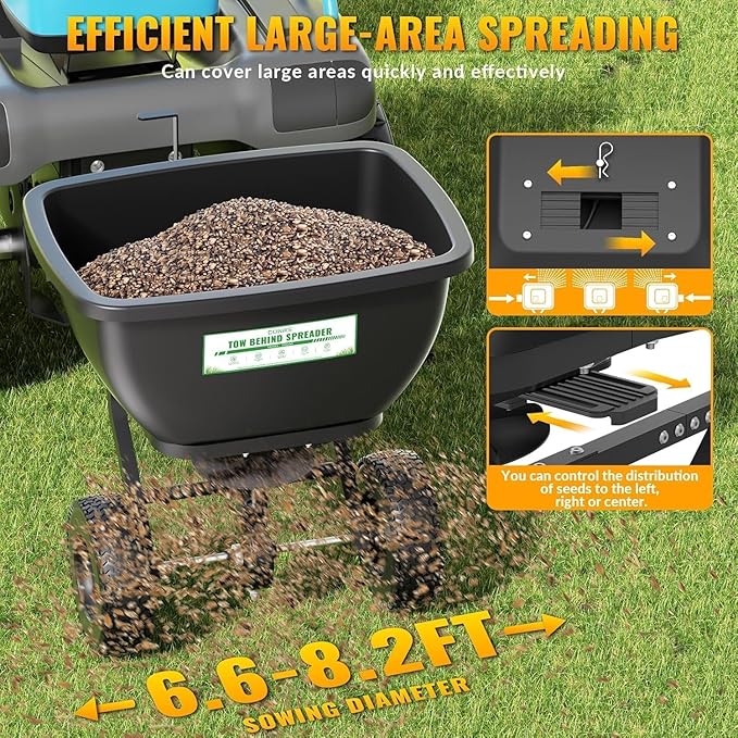 Tow Behind Broadcast Spreader, 200 LB Capacity,Fertilizer Spreader Holds up to 550 lbs with 13" Pneumatic Tires and Adjustable Flow Control Lever,for Fertilizer, Grass Seed, Salt, Ice Melt, Lawn