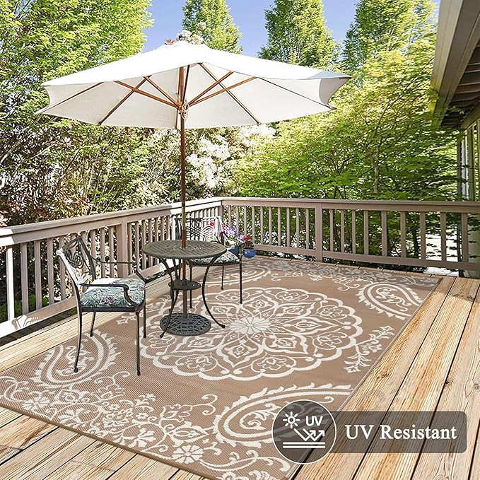 Pauwer Waterproof Outdoor Rug 6x9, Reversible Plastic Straw Patio Camping Rug, Indoor Outdoor RV Mat Carpet for Deck, Camper, Porch, Balcony, Backyard, Picnic, Boho Brown
