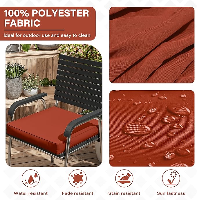 Patio Chair Cushions 17 X 16 X 3 Inch Waterproof Outdoor Seat Cushions for Patio Furniture, Outdoor Sofa Couch Pads with Ties & Handle, Set of 2, Terra Red