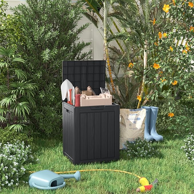 DRATO Deck Boxes, 28 Gallon Outdoor Storage Box for Patio Cushion, Sports Equipment, Garden Tools, Waterproof and UV Resistant, Lockable Black