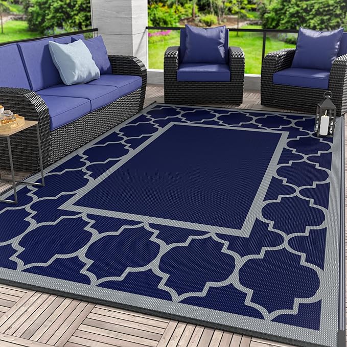 GENIMO 6' x 9' Outdoor Rug Waterproof for Patio Decor, Foldable Reversible Plastic Straw Area Rugs Mat for Camper, Outside Carpet for Rv, Deck, Porch, Picnic, Beach, Balcony, Blue & Grey