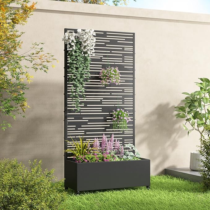 Casaphoria Metal Raised Garden Bed with Trellis and Wheels, 72"x35"x16" Planter Box for Climbing Plants, Vegetables & Vines, Features Drainage Holes and Privacy Screen (Black-Shine)