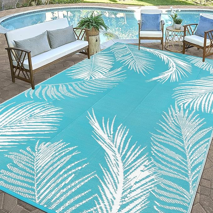 Pauwer Waterproof Outdoor Rug 9x12, Reversible Plastic Straw Patio Camping Rug, Indoor Outdoor RV Mat Carpet for Deck, Camper, Porch, Balcony, Backyard, Picnic, Leaf Teal