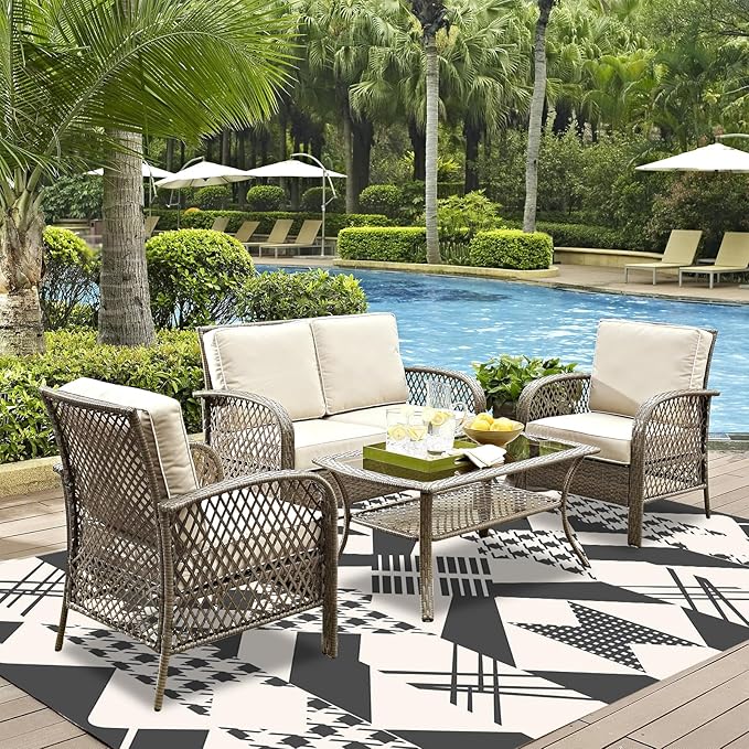 WILDROOTS 5x8 Feet Houndstooth Plastic Outdoor Rug, Stain Resistant Waterproof Reversible Outdoor Patio Rug, Fade Resistant Camping Rug