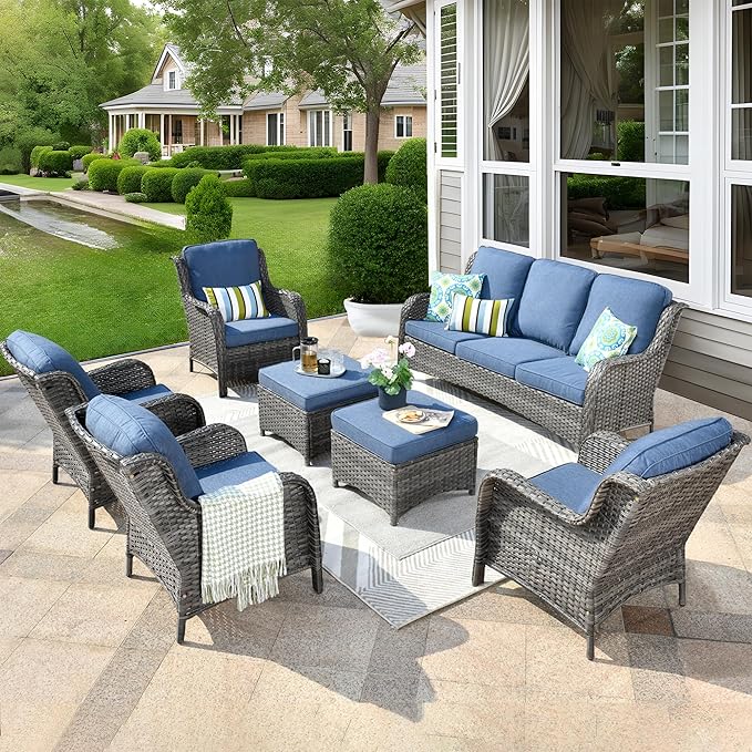 ovios 7 Pieces Patio Furniture Set, Outdoor Wicker Sofas with 4 Chairs, Ottomans and Comfy Cushions, All Weather High Back Couch Set for Deck Porch, Grey Rattan, Denim Blue