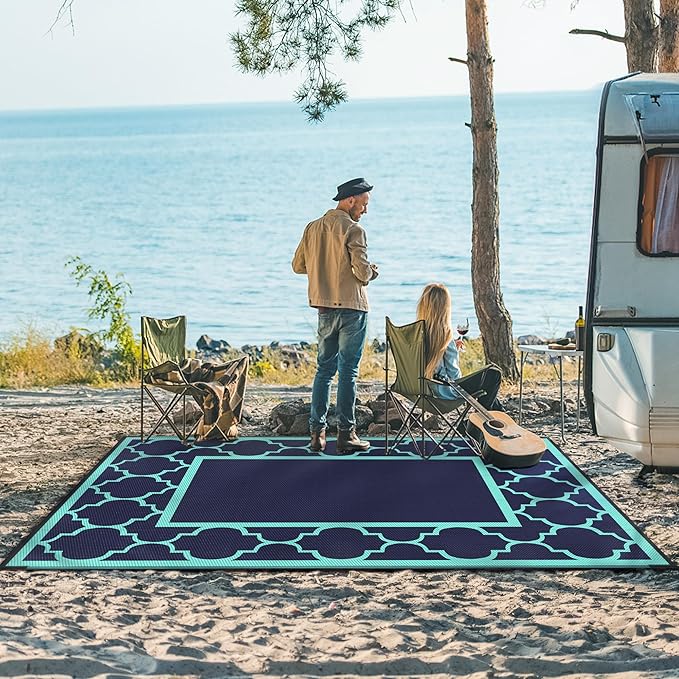 GENIMO 5 ' x 8 ' Outdoor Rug for Patio, Waterproof Indoor Outdoor Plastic Straw Rugs Carpet, Reversible Outside Area Mat for Camping, Balcony Porch, Deck, Picnic, Beach Navy Blue & Jade Green