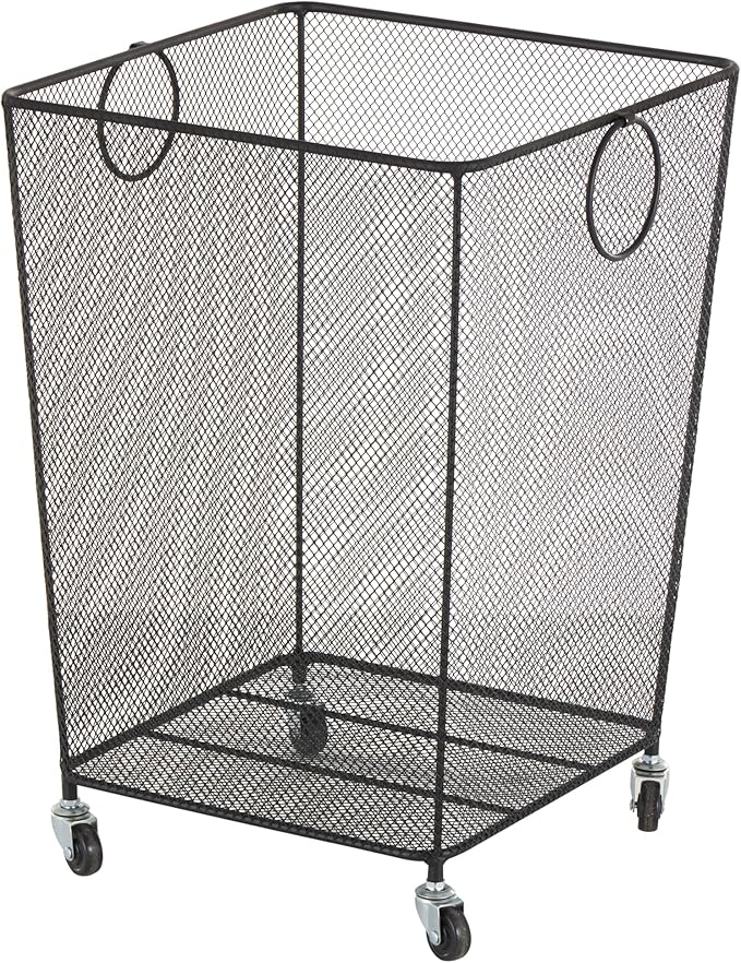 Deco 79 Metal Storage Basket Square Mesh Wire Rolling Laundry with Ring Handles, 17" x 16" x 24", Black
