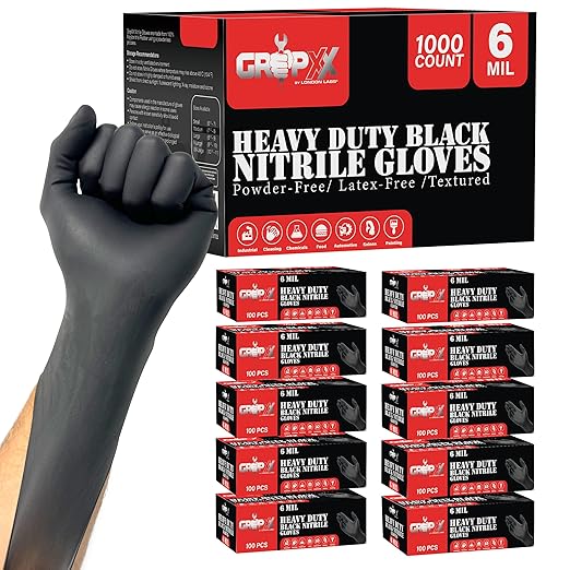 Heavy Duty 6 Mil Black Nitrile Gloves - Disposable, Latex & Powder Free | Mechanic, Food Prep & Tattoo | Rubber Gloves for Cooking, Cleaning & Household |Bulk Case of (1000)