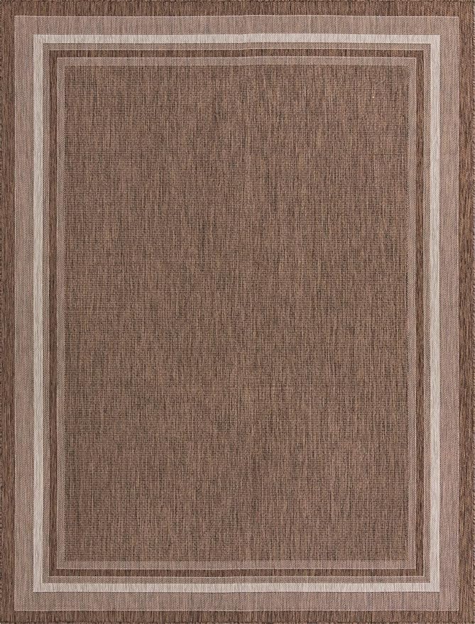 Unique Loom Outdoor Border Collection Area Rug - Soft Border (9' x 12' Rectangle, Brown/ Ivory)