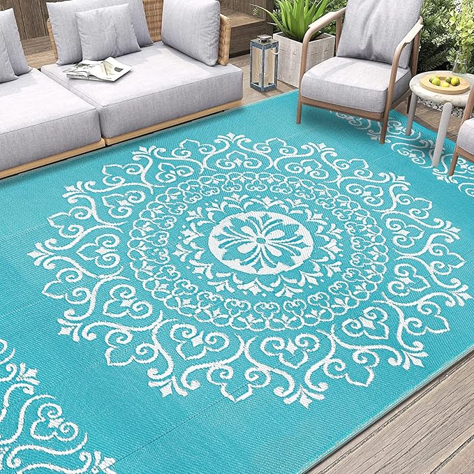 Pauwer Waterproof Outdoor Rug 5x8, Reversible Plastic Straw Patio Camping Rug, Indoor Outdoor RV Mat Carpet for Deck, Camper, Porch, Balcony, Backyard, Picnic, Floral Teal