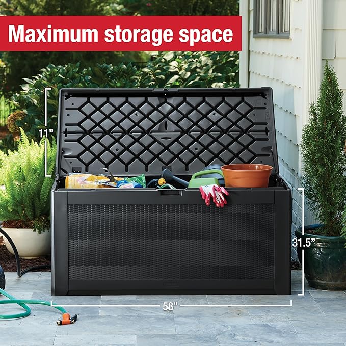 Rubbermaid Extra Large Resin Outdoor Storage Deck Box (134 Gal), Weather Resistant, Black, Deck Organization for Home/Backyard/Pool Chemicals/Toys/Garden Tools/Porch/Patio Cushions