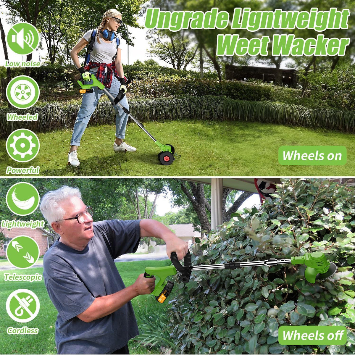21V Electric Weed Wacker Eater Battery Powered, Cordless Weed Trimmer with 2 Battery Operated & Wheels, 3 in 1 Lightweight Grass Trimmer/Edger/Brush Cutter for Garden Yard Lawn