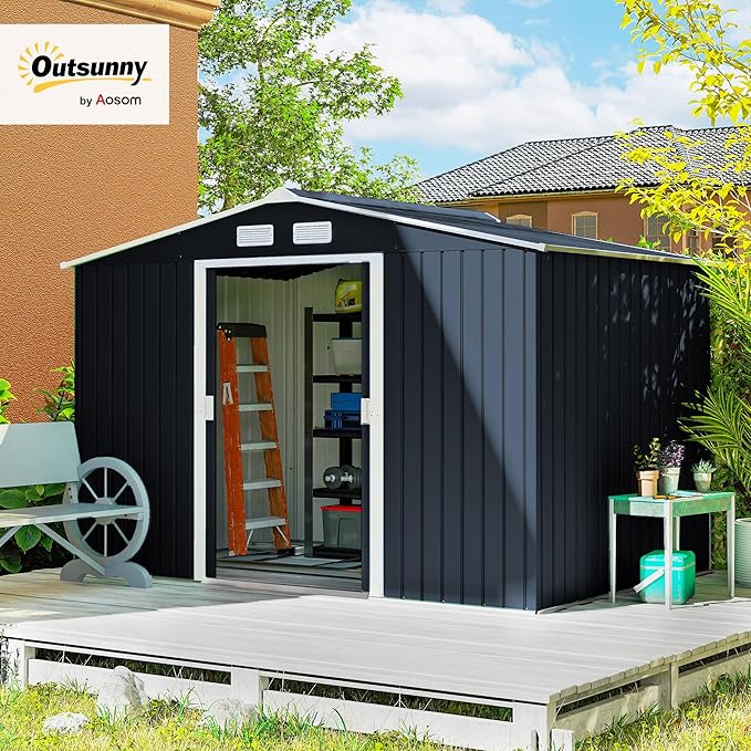 Outsunny 9' x 6' Outdoor Storage Shed, Garden Tool Metal Shed with Foundation Kit, Double Lockable Door, Air Vents and Sloping Roof, for Backyard, Patio, Lawn, Dark Gray