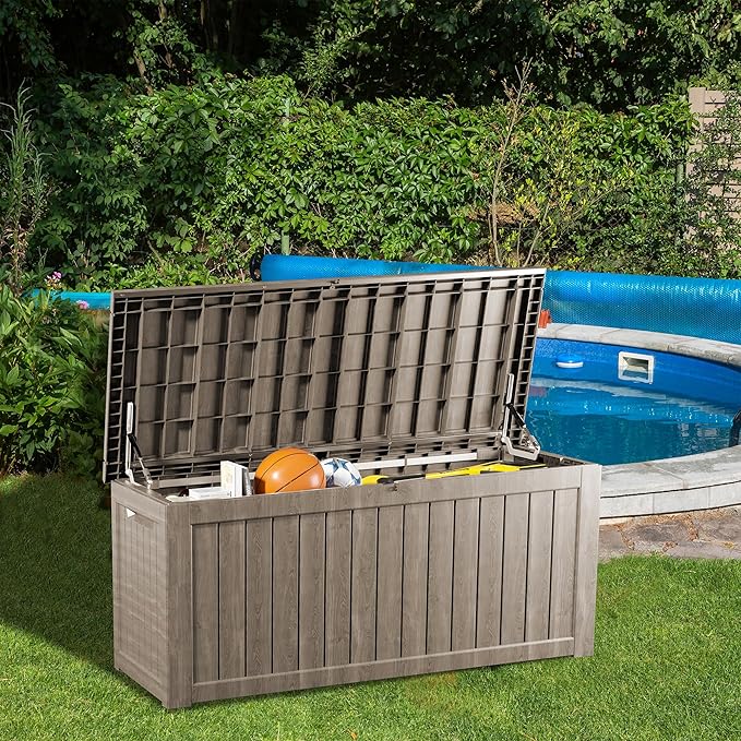 200 Gallon Lockable Resin Deck Box, Waterproof & UV-Resistant Outdoor Storage Box for Outdoor Cushion Storage, Garden Tools & Pool Accessories Storage, Gray