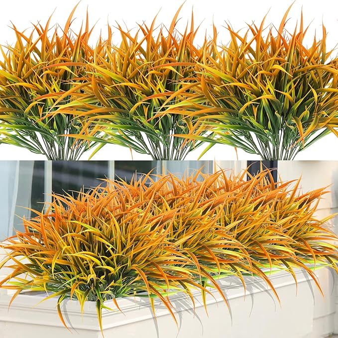 Ouddy Decor 16 Bundles Artificial Fall Plants Outdoor Fake Grass Stems UV Resistant Faux Plastic Plants Shrubs for Autumn Home Garden Pathway Farmhouse Front Porch Harvest Thanksgiving Decor, Orange