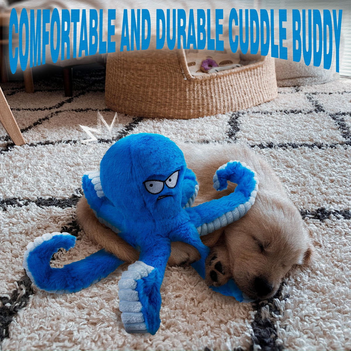 LEGEND SANDY Tough Dog Toys, Stuffed Chew Large Dog Toys to Keep Them Busy, Interactive Squeaky Tug of War Doggie Toy, Crinkle Blue Octopus