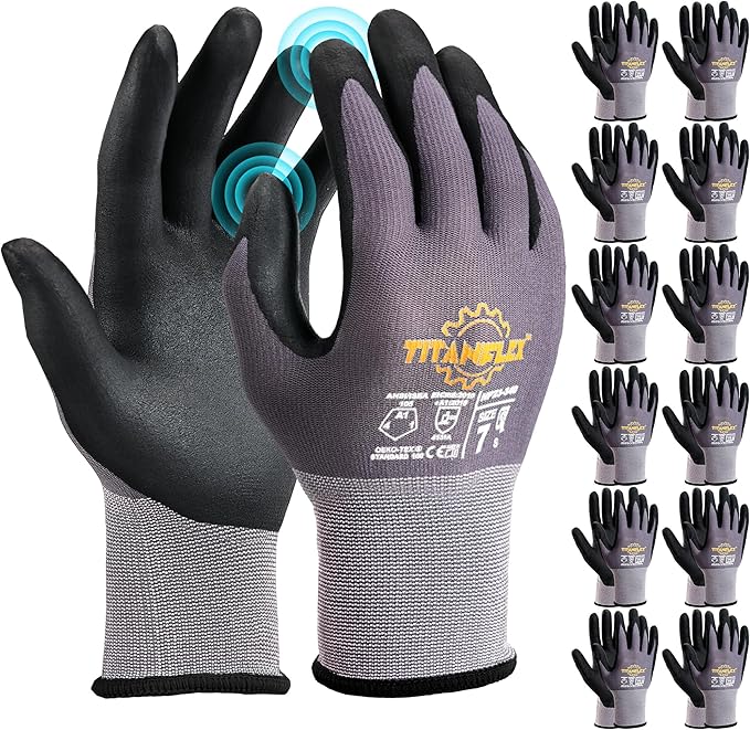 TitanFlex Work Gloves Microfoam Nitrile Coated Men Women, Safety Warehouse Gloves with Grip, Touchscreen, Seamless Knit Nylon