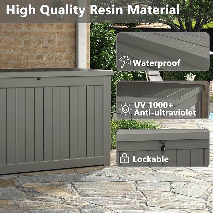 KAMABOKO 230 Gallon Outdoor Storage Box, Resin Deck Boxes Indoor and outdoor, Waterproof Storage Box Lockable Lid for Garden Tools, Package Delivery, Patio Cushions, Grey