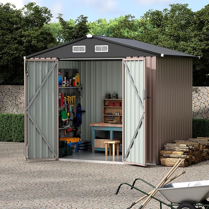 6x8 FT Metal Storage Sheds Outdoor with Floor, Metal Yard Sheds Garden Shed Kit, MetalTool Shed with Lockable Door, Metals UtilitySheds Buildings with Air Vent for Backyard Garden Patio Lawn