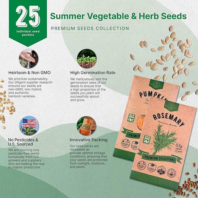 Organo Republic 25 Summer Vegetable & Herb Garden Seeds Variety Pack - 6,820+ Non-GMO Heirloom Veggie & Herb Seeds for Outdoors & Indoor Home Gardening: Tomato, Okra, Bean, Cucumber, Basil, Rosemary