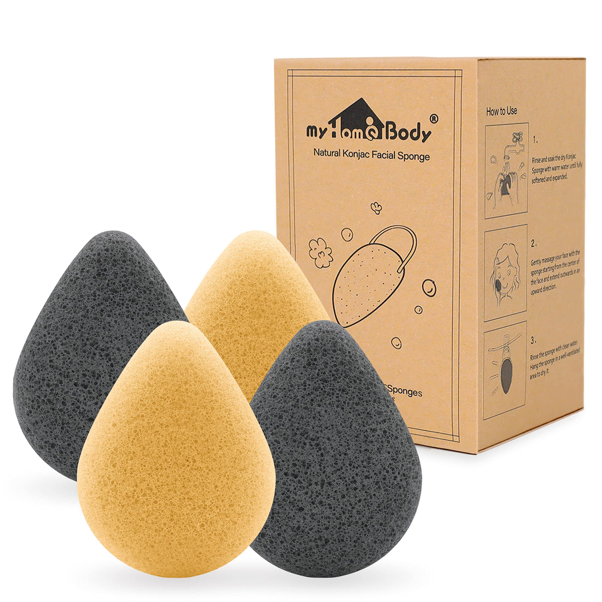 Myhomebody Natural Konjac Facial Sponges - Teardrop Shape - For Gentle Face Cleansing And Exfoliation - With Activated Charcoal