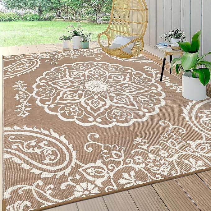 Pauwer Waterproof Outdoor Rug 10x14, Reversible Plastic Straw Patio Camping Rug, Indoor Outdoor RV Mat Carpet for Deck, Camper, Porch, Balcony, Backyard, Picnic, Boho Brown