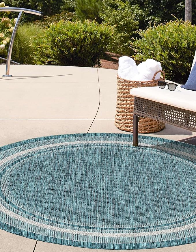 Unique Loom Outdoor Border Collection Area Rug - Soft Border (13' Round, Teal/ Ivory)