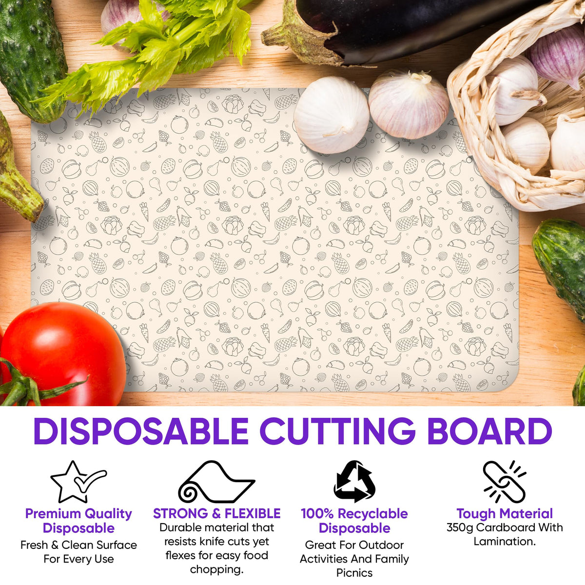 Purple Dot 30 Pc Disposable Cutting Board Sheets - Durable Chopping Board for Meat, Chicken, Fish, Vegetables; Large, Portable, Flexible Cutting Board Mats for Kitchen, Crafts and Art Project, Camping