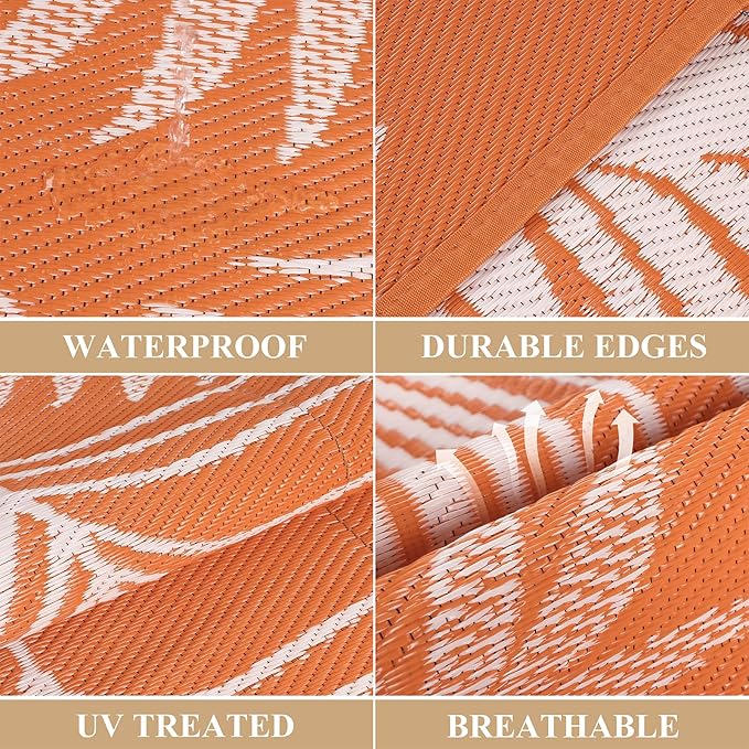 Pauwer Waterproof Outdoor Rug 6x9, Reversible Plastic Straw Patio Camping Rug, Indoor Outdoor RV Mat Carpet for Deck, Camper, Porch, Balcony, Backyard, Picnic, Leaf Orange