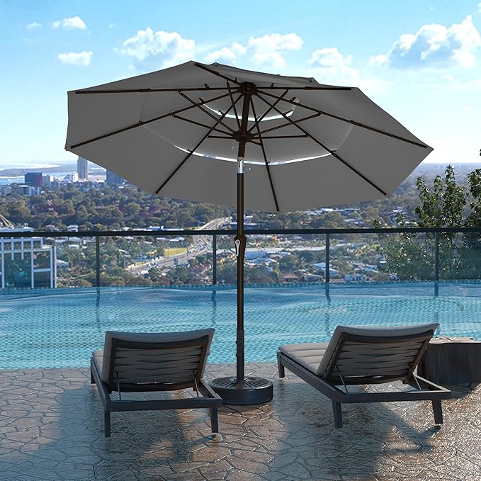 Kingdura 9ft 3-Tier Patio Umbrella, Outdoor Table Umbrella with Easy Crank & Tilt, 8 Reinforced Ribs, UV Protection for Deck, Pool, Market, Backyard (Grey)