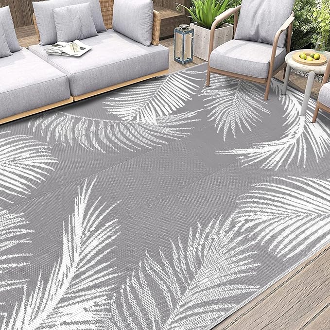 Pauwer Waterproof Outdoor Rug 9x12, Reversible Plastic Straw Patio Camping Rug, Indoor Outdoor RV Mat Carpet for Deck, Camper, Porch, Balcony, Backyard, Picnic, Leaf Grey