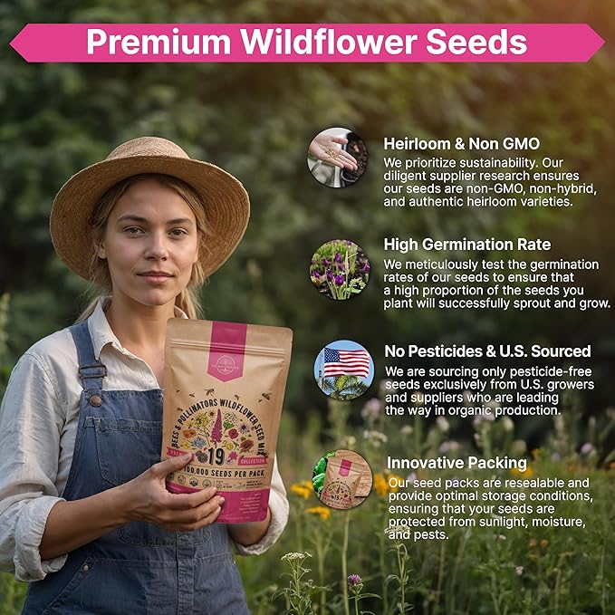 Organo Republic 19 Annual & Perennial Wildflower Seeds Mix for Indoor and Outdoors, Attract Bees & Butterflies. 100,000+ Non-GMO, Heirloom Wildflower Garden Seeds, 4oz Packet for Growing Wild Flowers