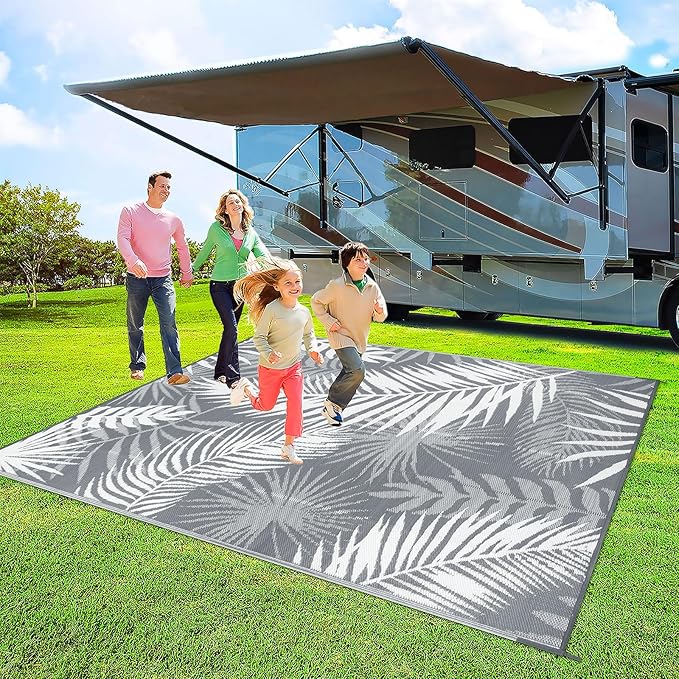 Outdoor Rug 10'x8' Waterproof for Patios Clearance, Reversible Outdoor Plastic Straw Rug Camping Carpet, Outside Floor Mats Large Area Rugs for RV,Patio,Deck,Porch,Beach,Balcony,Grey&White
