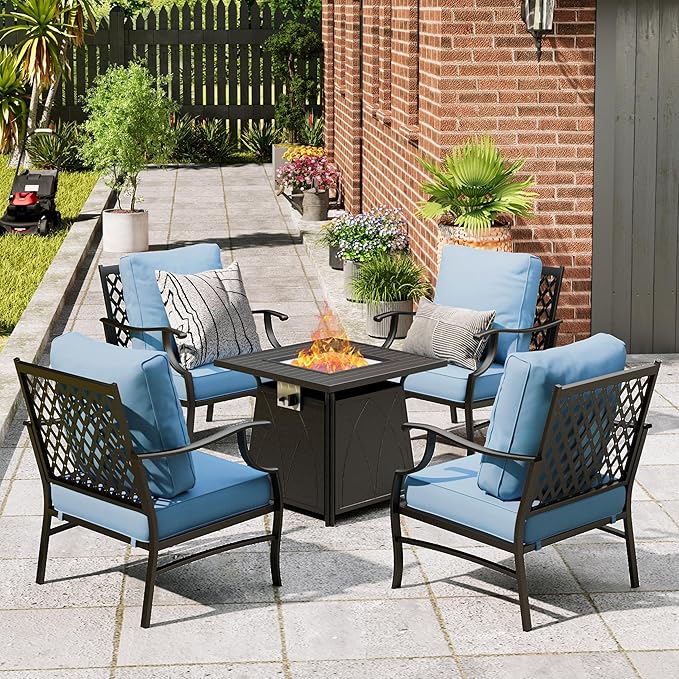Patio Furniture Set with Fire Pit Table, 5 Pcs Metal Outdoor Conversation Set, 4 Single Chairs with 5.75" Extra Thick Cushion and 28" Fire Pit Table for Backyard Deck, Blue