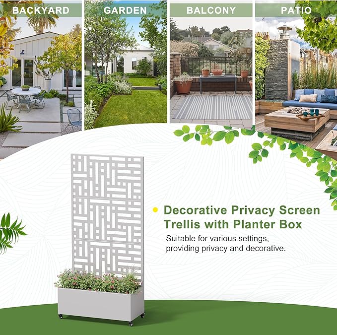 Casaphoria Metal Raised Garden Bed with Trellis and Wheels, 72"x35"x16" Planter Box for Climbing Plants, Vegetables & Vines, Features Drainage Holes and Privacy Screen (Grey-Helen)