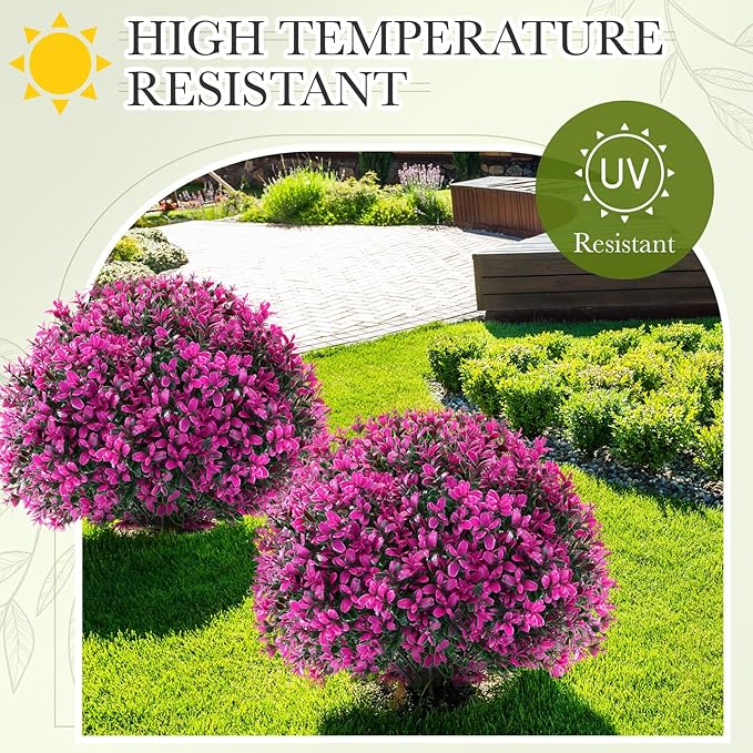 Yunlly 2 Pack 18" Artificial Boxwood Ball Bush Topiary Trees Fake Outdoor Plants, Realistic UV Resistance Faux Shrubs with Spike Greenery Topiary for Front Porch Garden Yard Patio Indoor (Fuchsia)