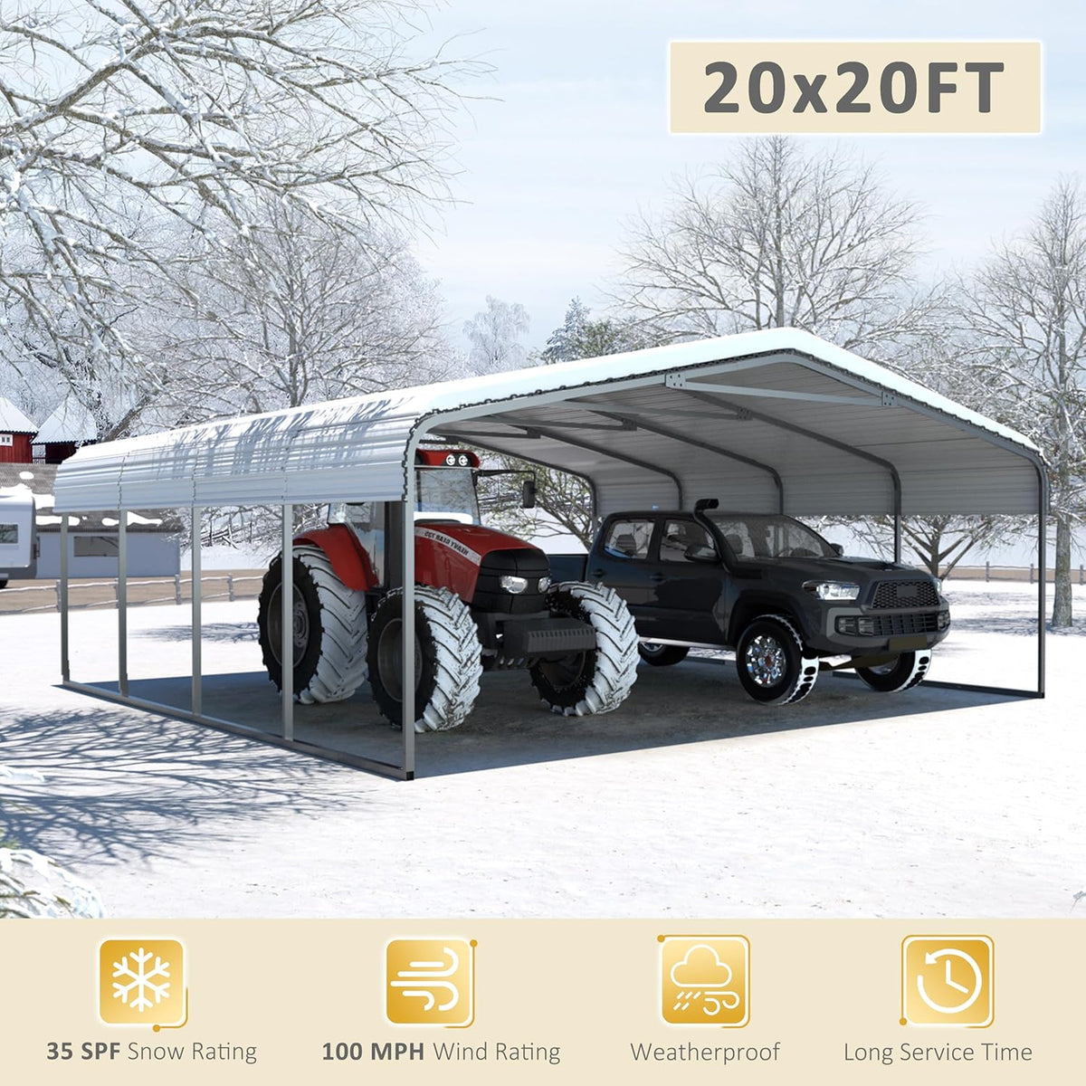 20x20 FT Carport with Metal Roof, Heavy Duty Metal Carport Canopy, Garage Car Shelter Shade for Outdoor, Car, Truck, Eggshell