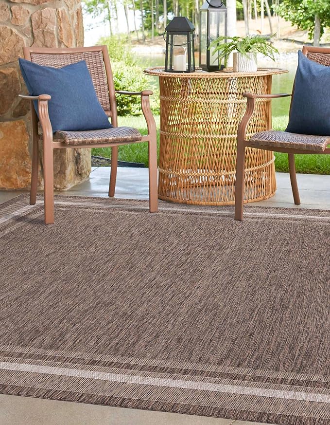 Unique Loom Outdoor Border Collection Area Rug - Soft Border (7' 10" Square Brown/Ivory)