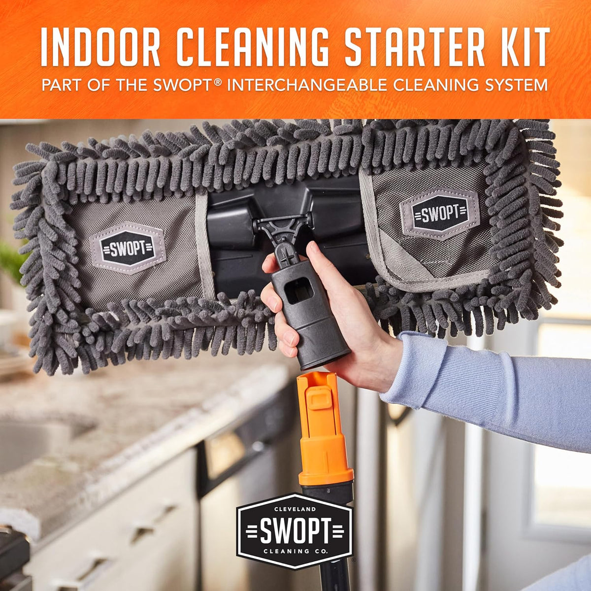 SWOPT Indoor Kit — Includes 18” Dust Mop, Cotton Mop, Angle Broom, 48” and 60” Steel Handles, and Organizer — Cleaning Heads with Long Handle Interchangeable with All SWOPT Cleaning Products