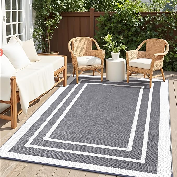 OLANLY Outdoor Rug 6x9 ft Waterproof, Reversible Outdoor Plastic Straw Rug, RV Mat, Indoor Outdoor Carpet Clearance for Patio, Camping, Balcony, Deck, Backyard, Grey & White