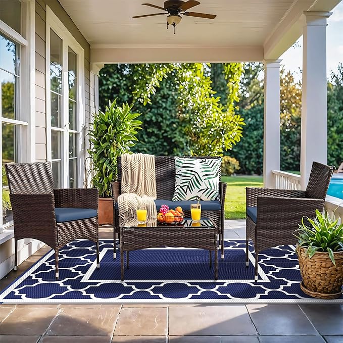 GENIMO 9' x 12' Outdoor Rug Waterproof for Patio Decor, Foldable Reversible Plastic Straw Area Rugs Mat for Camper, Outside Carpet for Rv, Deck, Porch, Picnic, Beach, Balcony, Blue & White
