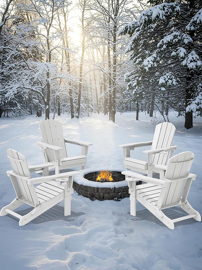 KINGYES Folding Adirondack Chair Set of 4, Dual Cup Holders & All-Weather HDPE, Wood-Like Patio Chair for Backyard, Camping, Pool & Fire Pit, White
