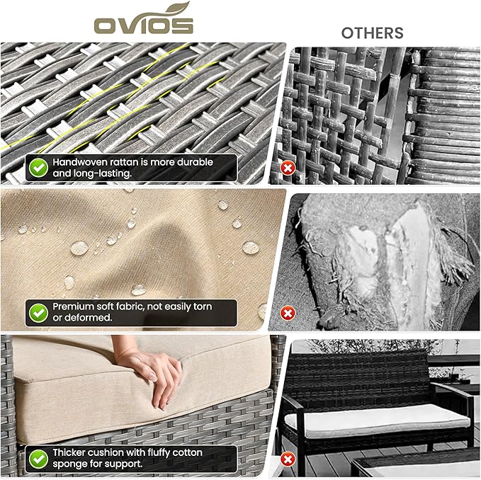 ovios 7 Pieces Patio Furniture Set with 42" Fire Pit Table, Outdoor Wicker Sofa with Swivel Chairs, All Weather High Back Rattan Couch Conversation Set, Beige