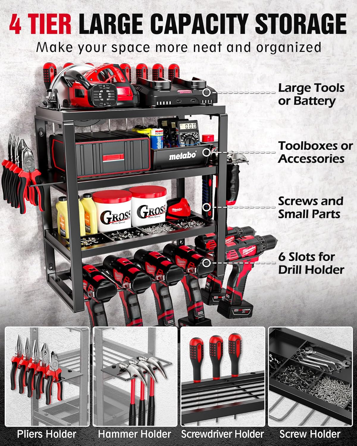 MAXIFFE 4 Layer Power Tool Organizer Wall Mount, Heavy Duty Metal Cordless Tool Organizers and Storage Rack Holder with 6 Drill Holders for Garage Storage Organization, Gifts for Men, Black, 16 inch