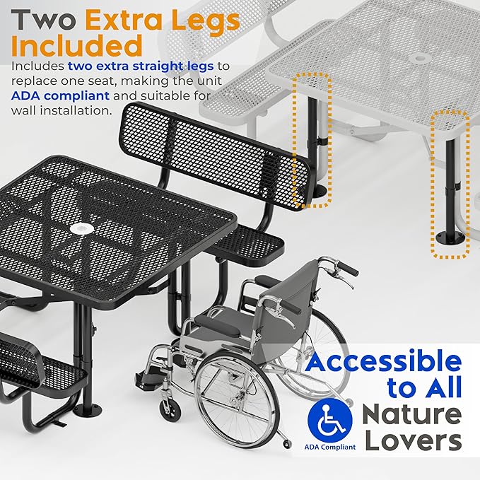 Metal Picnic Tables for Outdoors with Umbrella Hole - Coated Steel Heavy Duty Commercial Grade Table with Adjustable Seats (Black, 46 in, Square with Back, Expanded Steel)