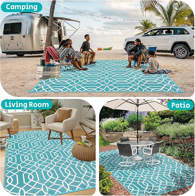 HEBE Outdoor Rug Waterproof 9x12, Reversible Plastic Straw Rug RV Camping Rug, Indoor Outdoor Patio Mat Clearance, Outside Carpet for Porch,Deck,Camper,Balcony,Backyard,Picnic